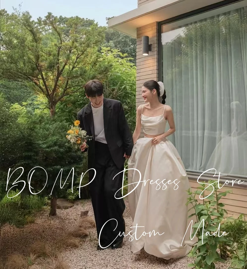 BOMP بسيط 2 قطعة فستان الزفاف السباغيتي حزام الطية طول الأرض الحرير العاجي التفتا كوريا صورة تبادل لاطلاق النار فستان زفاف مخصص