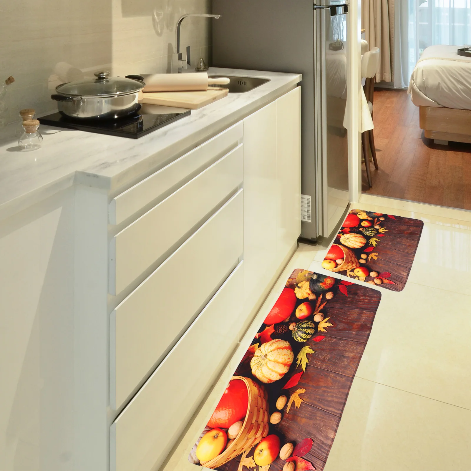 

2pcs Anti-slip Pumpkin Floor Mat Kitchen Ground Mats 40-60x40-120 Polyester Fall Rugs Non-slip Water Absorbing Thanksgiving