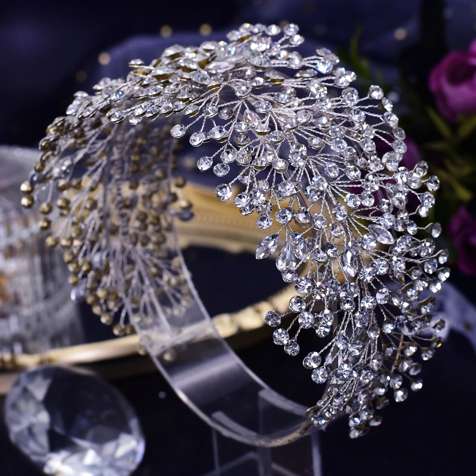 Large Wedding Headband Luxury Beads Headwear Rhinestone Bridal Head Accessories Eye-Catching Fascinator For Woman Luxury Jewel