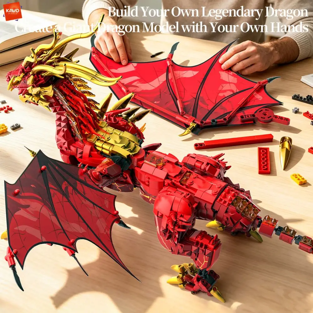 KAVOWORLD 1919PCS Red Golden Fire Dragon Building Blocks Model With LED Light Movable Wings Bricks Set Holiday Gifts for Kids