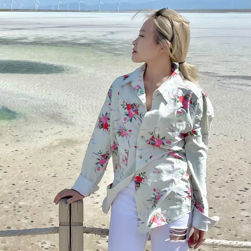 

Винтажные рубашки с длинным рукавом с принтом, женские французские элегантные свободные однобортные топы с цветочным принтом, весенняя повседневная модная блузка