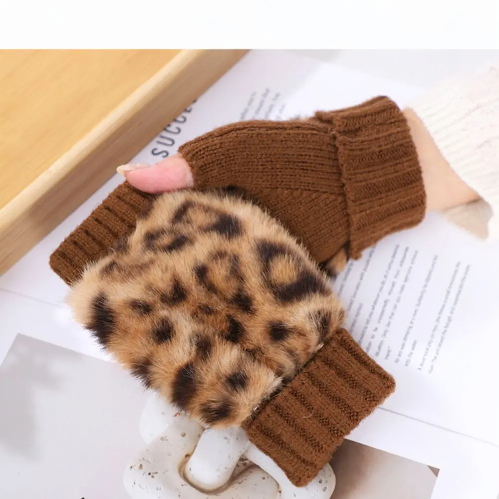 For Nianxuehan Winter Half Finger Gloves Leopard Print Plush Mittens Soft Faux Touchscreen Warm Casual Hand Wear