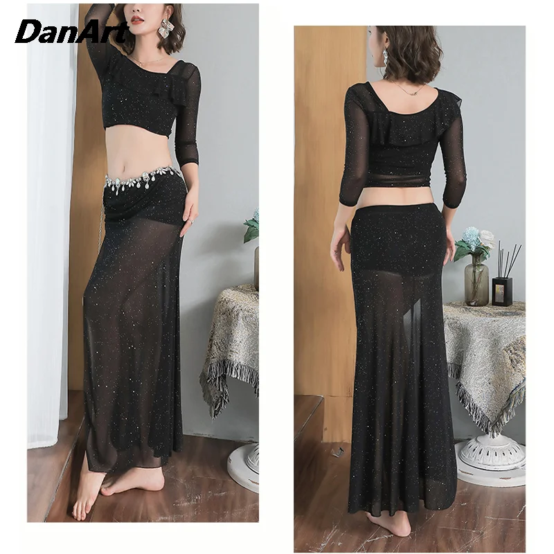 Belly Dance Costume Set for Women Long Sleeve Top and Sexy Split Long Skirt Stage Performance Suit Elegant Outfit Four Seasons