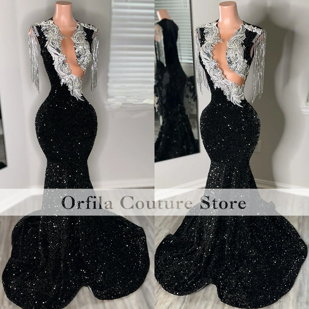 Vestido largo de sirena negra de lujo para niña, traje de fiesta de cumpleaños con lentejuelas de cristal de diamantes de imitación