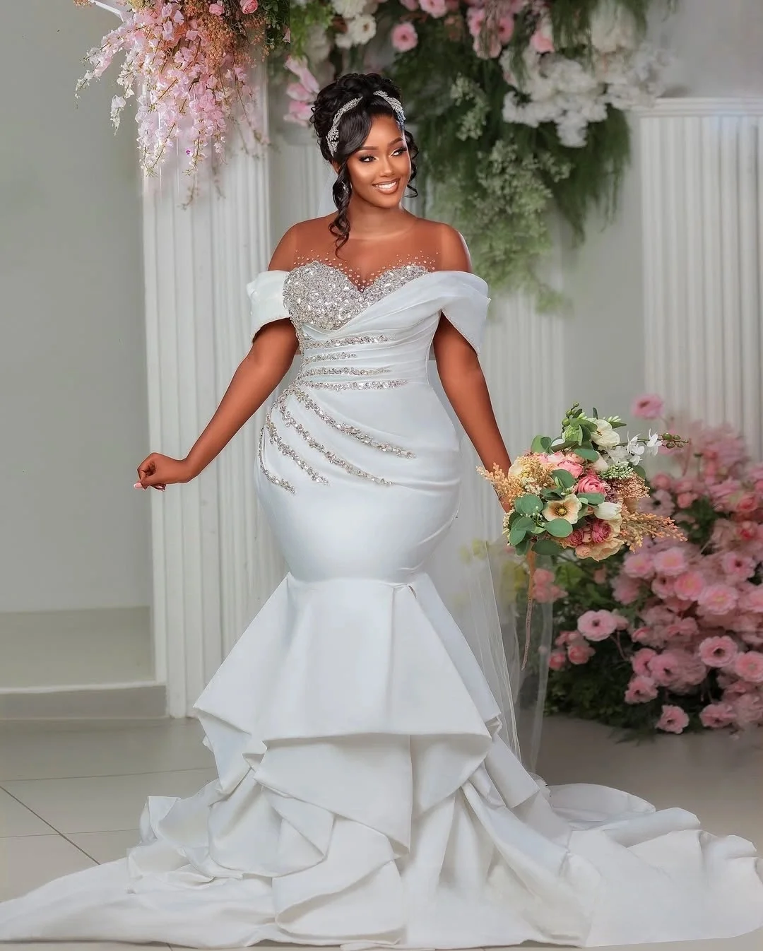 

Свадебное платье с открытыми плечами и блестящими кристаллами и бусинами по индивидуальному заказу, Vestidos De Novia, арабское атласное свадебное платье в стиле кантри