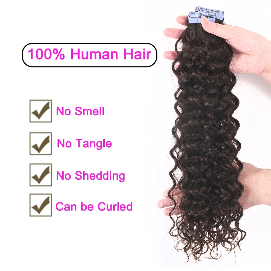 Fita ondulada em extensões do cabelo, cabelo humano natural, cabelo sem emenda, ins, molhado e ondulado, 2.5g pelo PC, 20 PCes