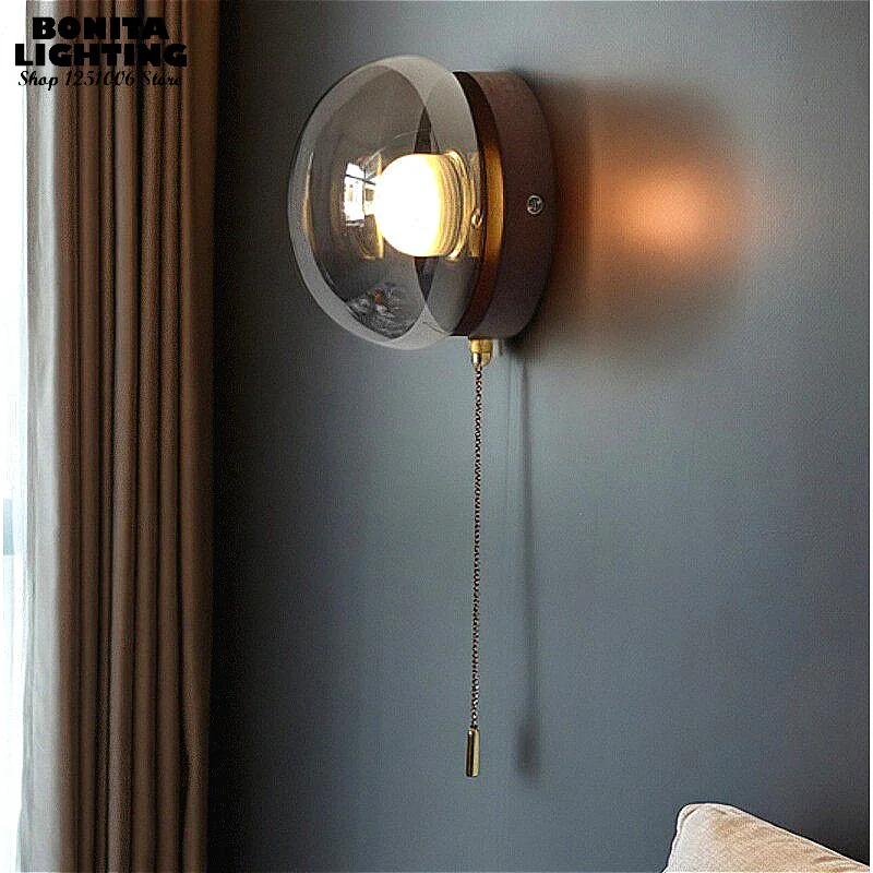 Crystal Glass Ball Wall Sconce Bubble Round Wall Light with Pull Cord Smoky Grey Bathroom Bedside Kitchen Modern Decor Lighting