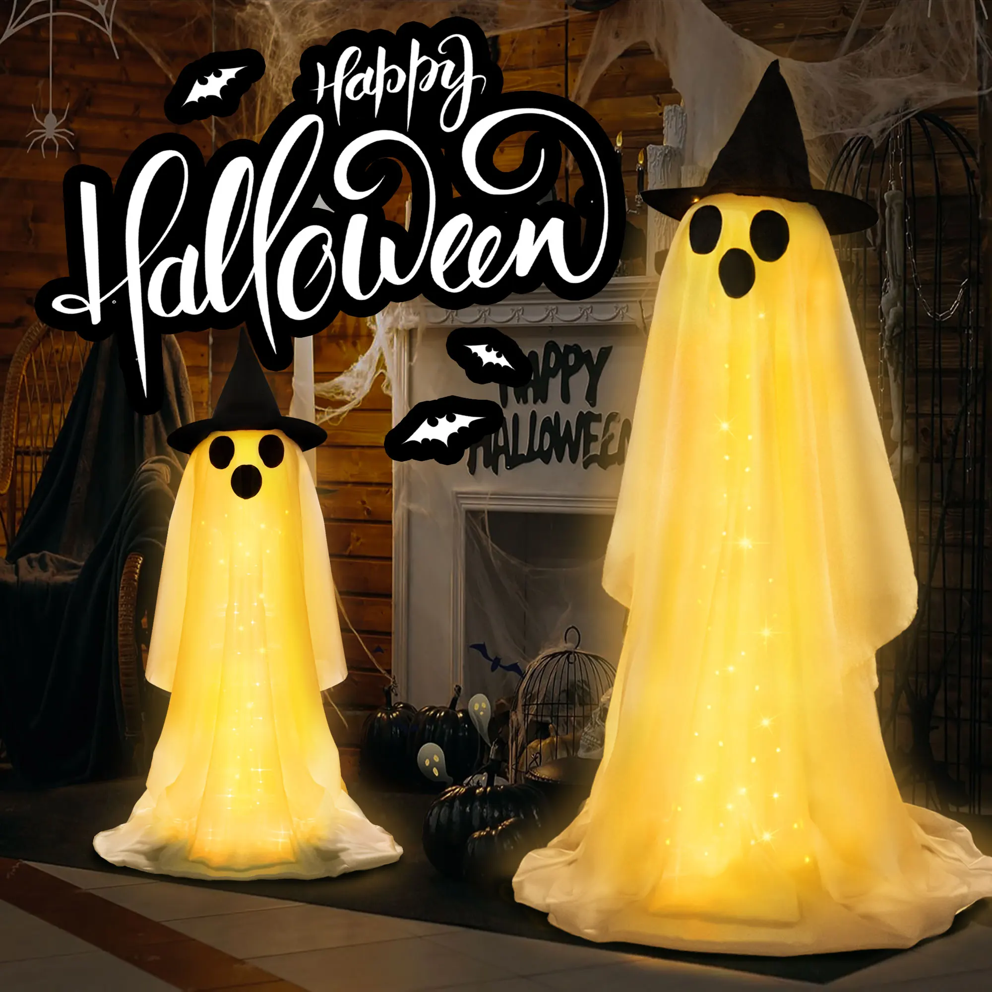 2 Pcs Outdoor Halloween Decorations Spooky Ghost Halloween Decor with String Lights Battery Operated Porch Yard Decorations