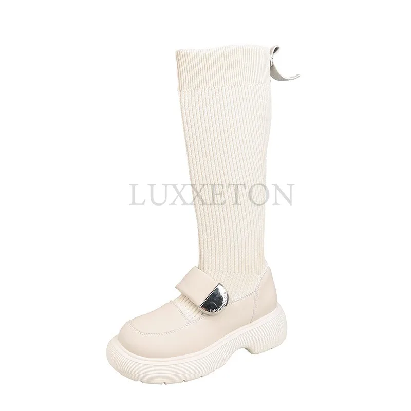 Long Tube Socks Boots Round Toe Thick Soled Women Short Boots Thick Heels Slimming and Slimming Slim Fitting Socks Boots