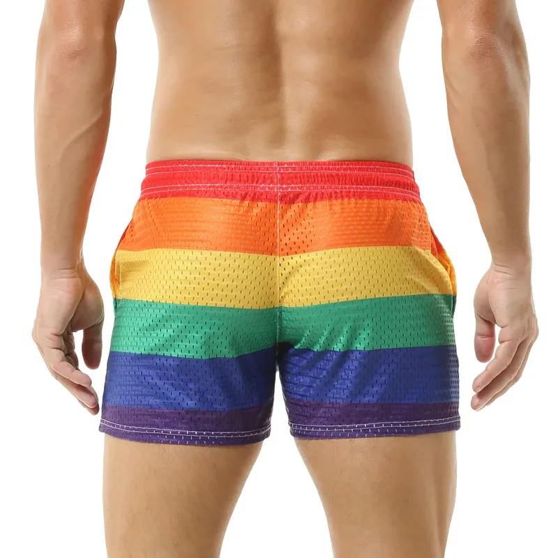 Rainbow Mens Middle Pants Drawstring Hollow Out Breathable Thin Loose and Fashion Pockets Elastic Mid Rise Sports Pants for Men
