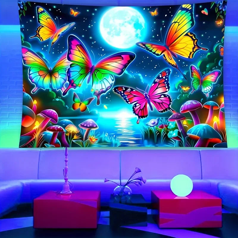VIKAMA Fantasy Forest Wall Hanging, Glowing Butterfly Mushroom Full Moon Lake Tapestry, UV Reactive Indie Indoor Wall Decor