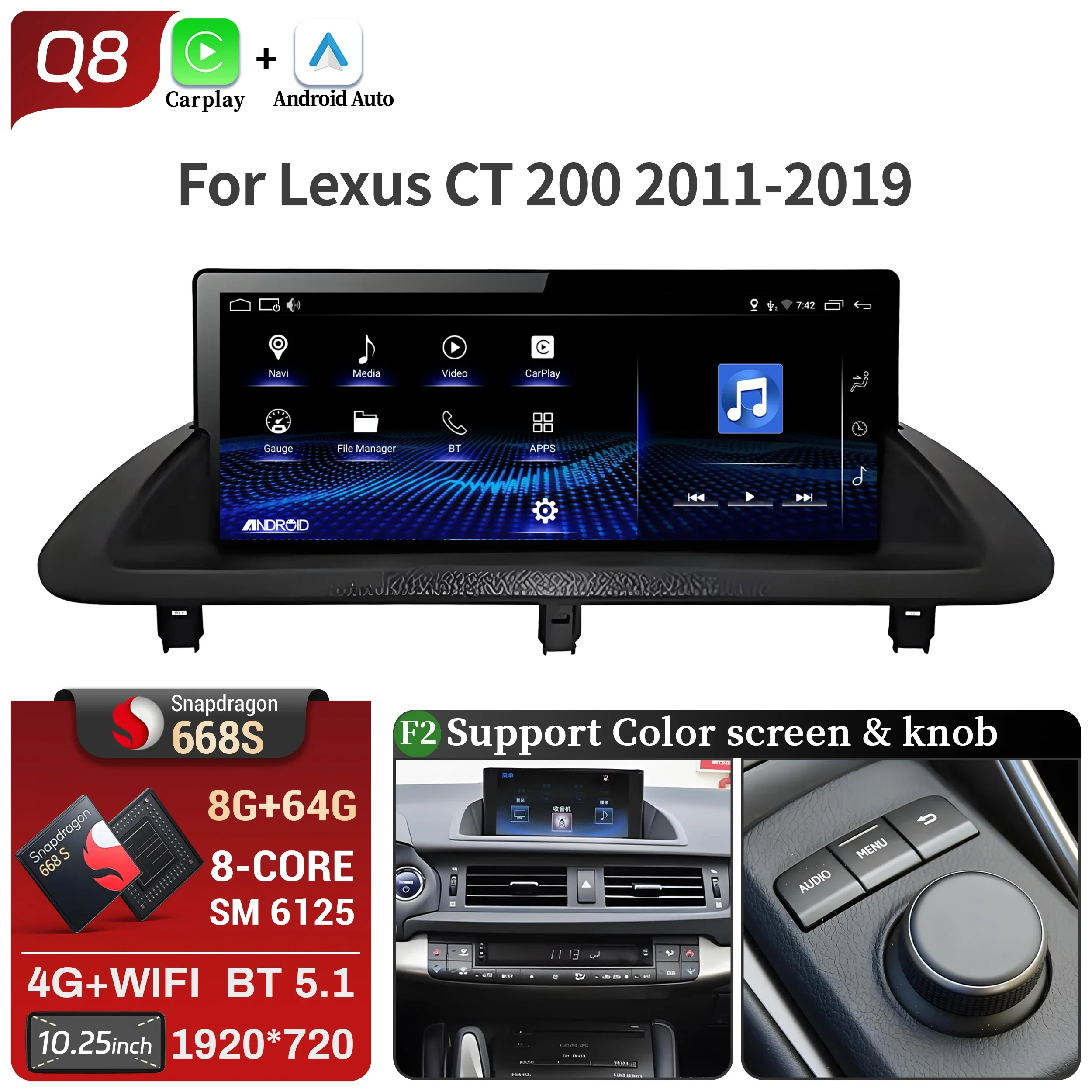 10.25 inch Voor Lexus Ct 200 Ct 200 H 2011-2019 Android 14 Autoradio Multimedia Navigatie Draadloze Carplay Snapdragon 668 S Scherm