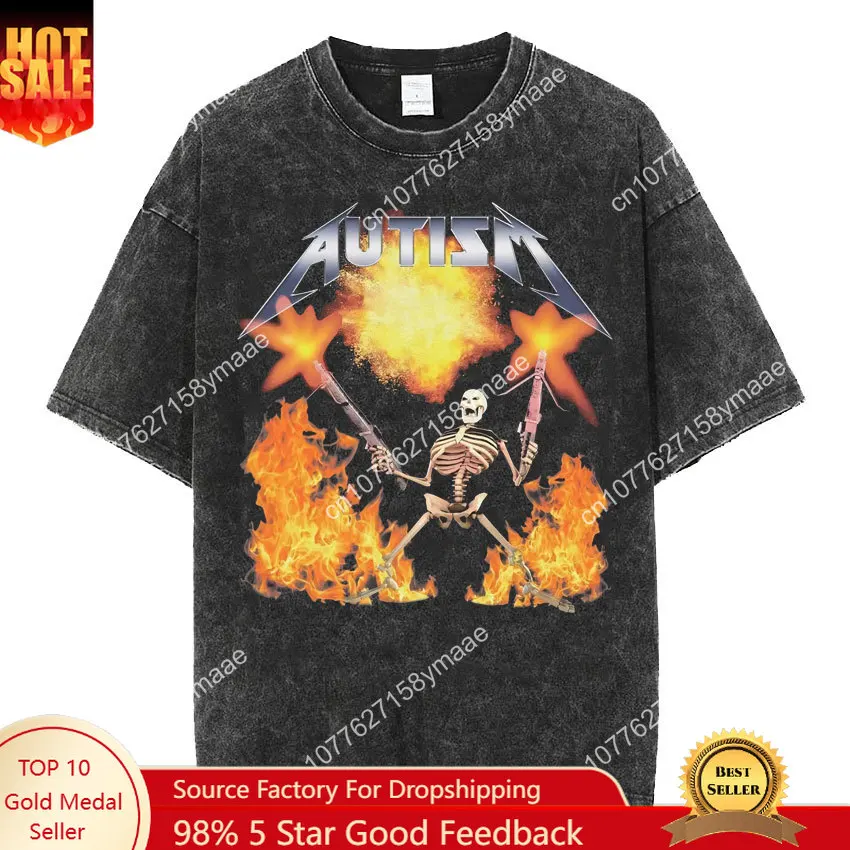 

Autism Skeleton Meme T Shirt Human Funny Skull Men Women Harajuku Gothic Vintage Washed T Shirts Oversized Casual Cotton T-shirt