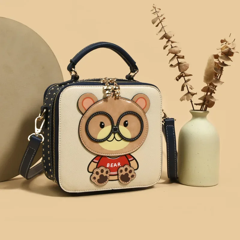 Cartoon Handbag Fashionable Crossbody Bag PU Cute Bear Pattern Simple   Portable Bag Shoulder Square Small Bag For Women Girls