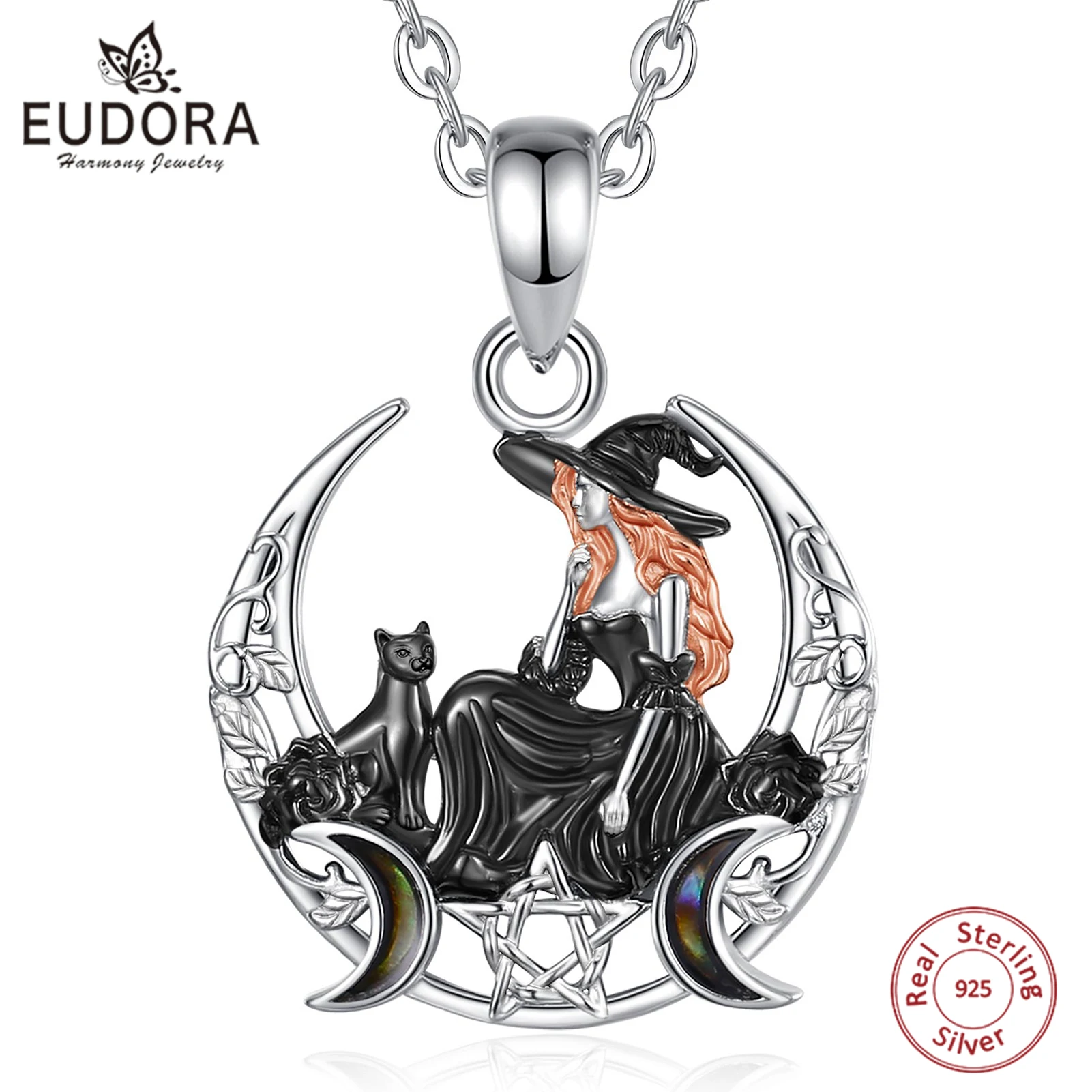 Eudora 925 Sterling Silver Crescent Moon Witch Black Cat Necklace Pentagram Triple Moon Goddess Pendant Wiccan Pagan Jewelry