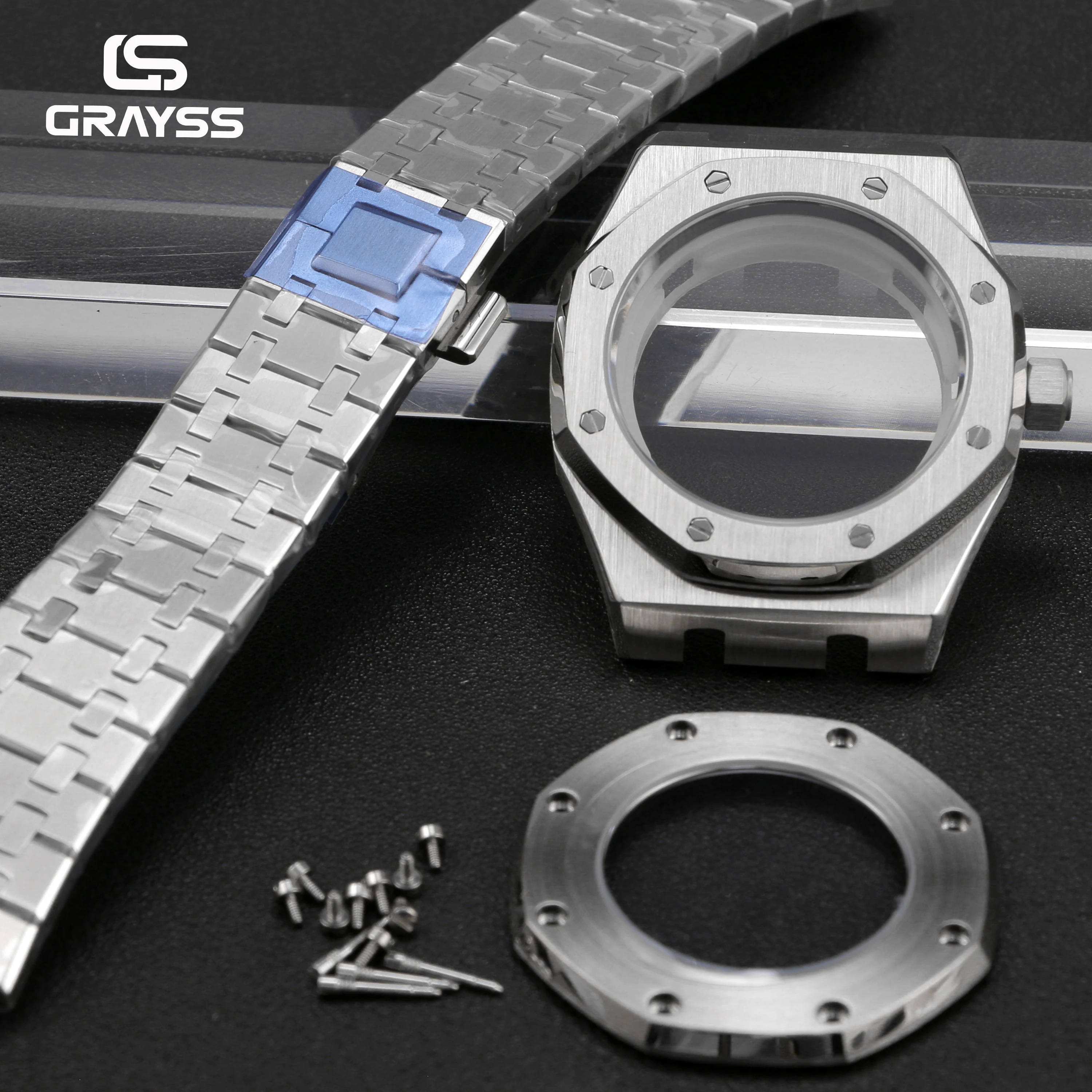 Für achteckiges Edelstahl-42-mm-Automatikuhrengehäuse MOD-Armband Transparenter Boden Saphirglas Passend für NH34 NH35 NH36 NH38 NH70 NH72