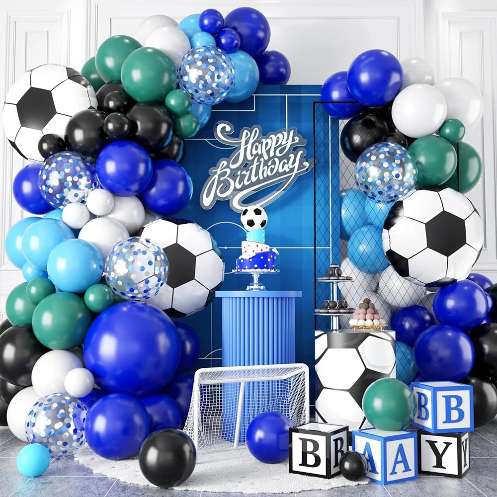 Image of 116-teiliges Set mit Ballons im Fußball-Design, blauer Geburtstagsballonkranz, Bogen-Dekorationsset für Abschlussfeiern und andere Veranstaltungen