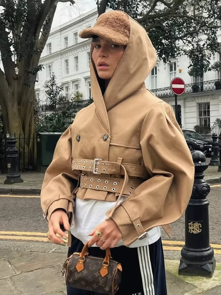 Autumn New Casual Hoodie Belt Short Coats Women Solid Double Belts Full Sleeve Loose Turn-down Collar Jackets Female Tops