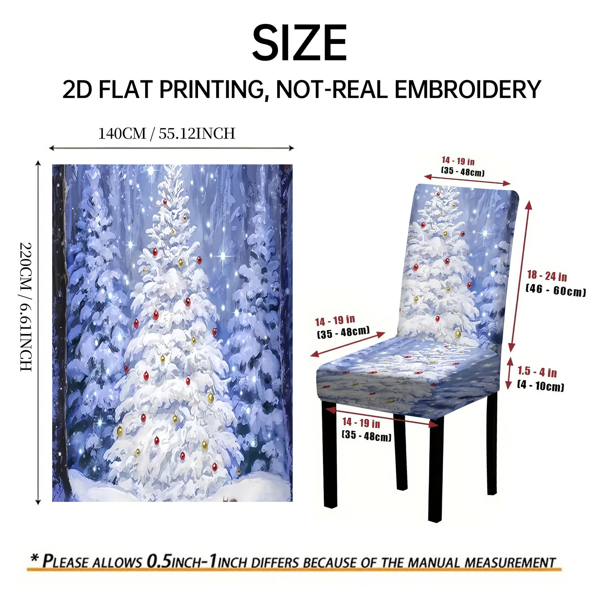 2/4/6 PCS Christmas Tree Snow Landscape Elastic Dining Chair Covers, Pine Tree 2D Flat Printed Christmas Decoration Chair Covers