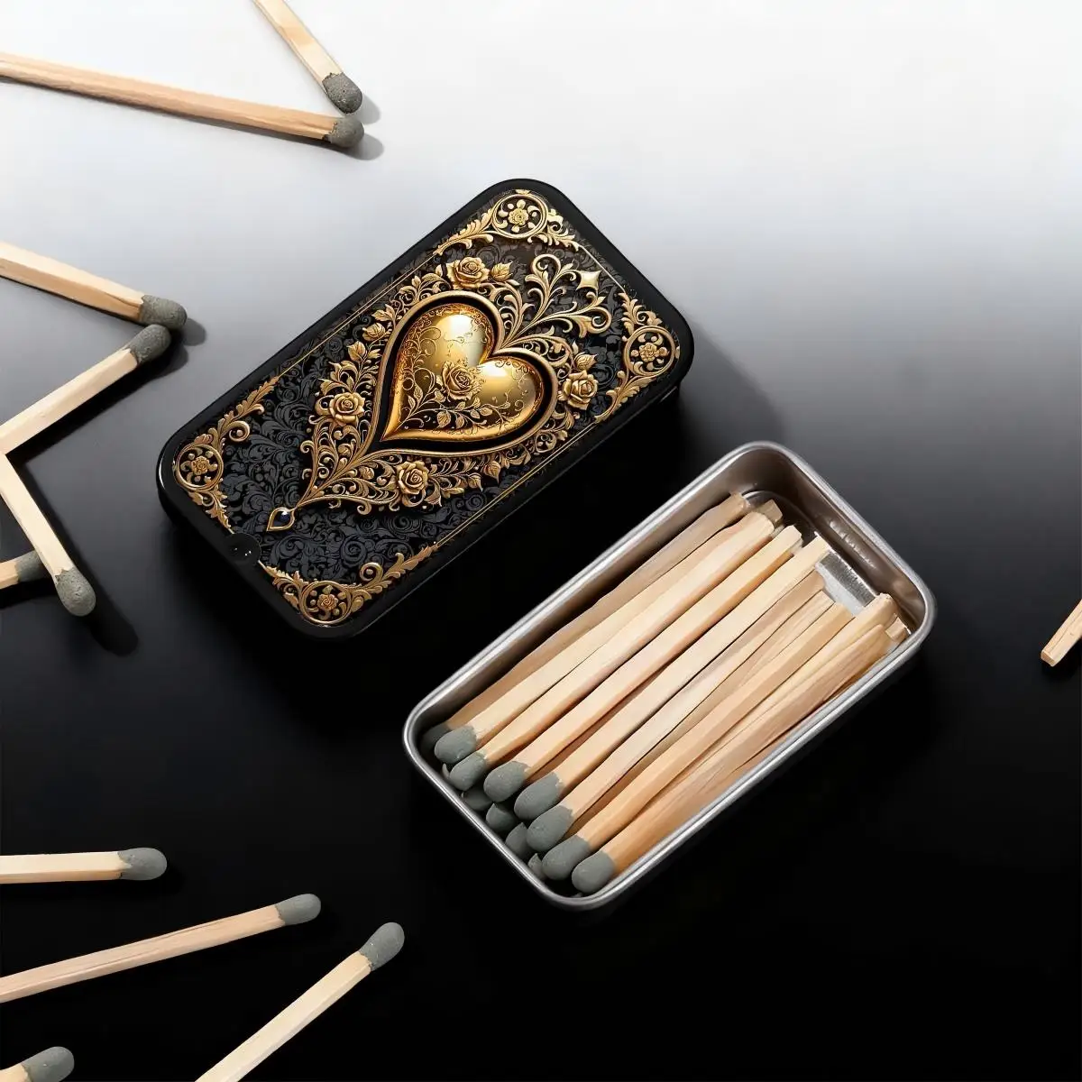 Black gold rose heart-shaped pattern retro court style fire wood box without matches, supports coin and small accessory storage