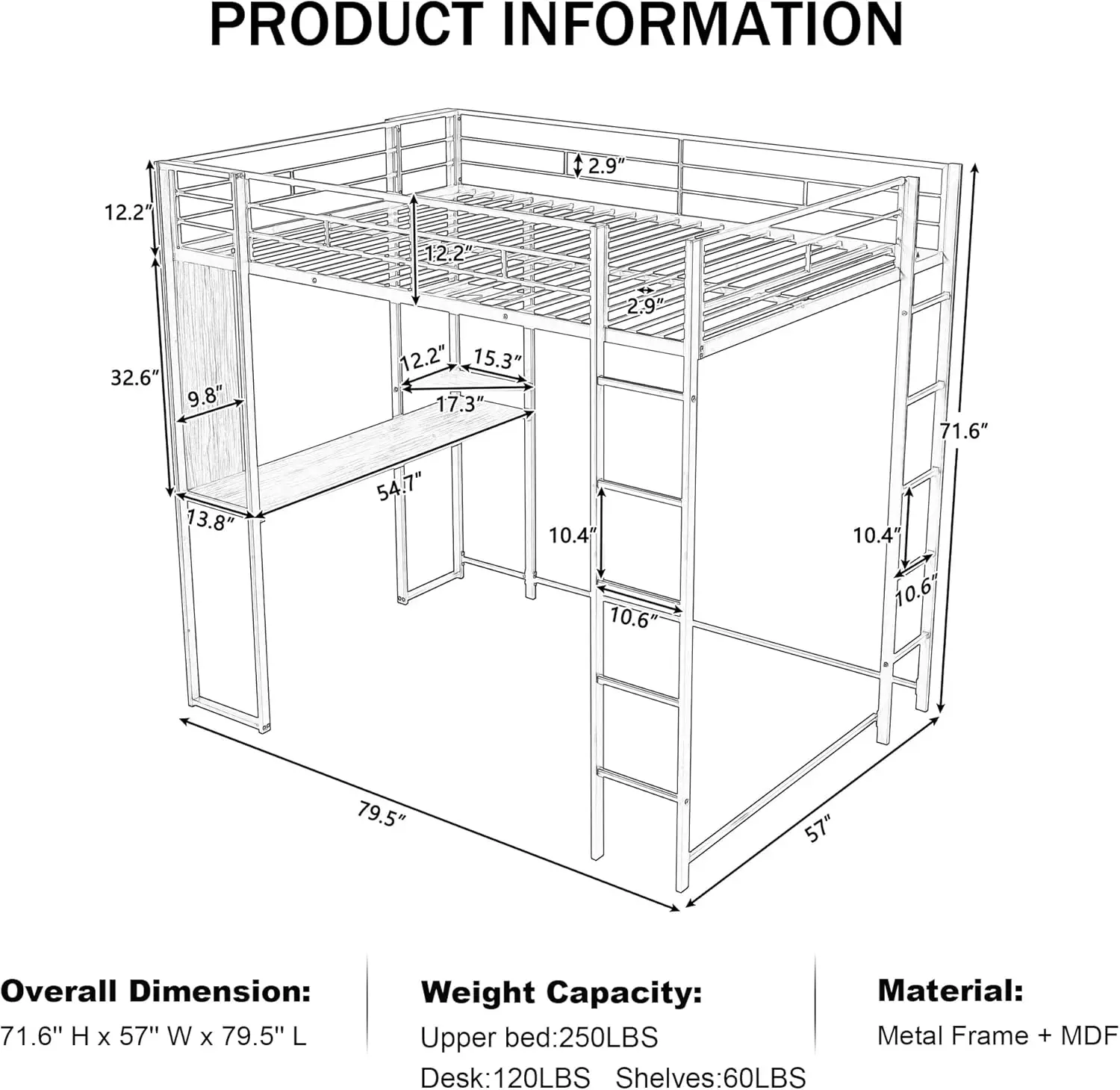 Full Size Metal Loft Bed With 2 Shelves And One Desk,Full Loft Bed,Easy Assembly, No Box Spring Needed, White