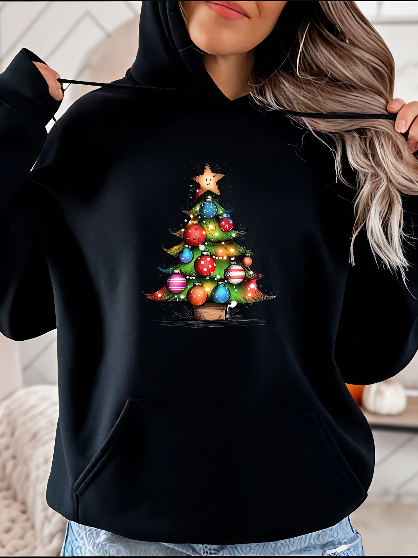 Christmas Tree Print Hoodie Casual Style Festive Design Women Winter Holiday Wear