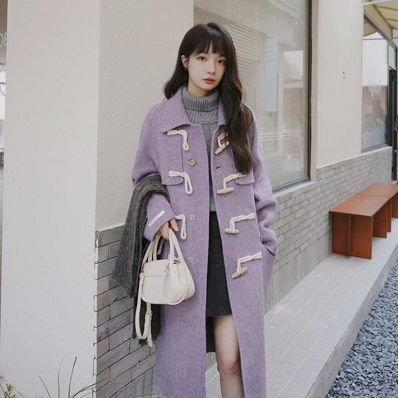 Purple Cow Horn Buckle Coat Women Lapel Long Sleeves Mid Length High End Woolen Overcoat Female Fashion Clothing