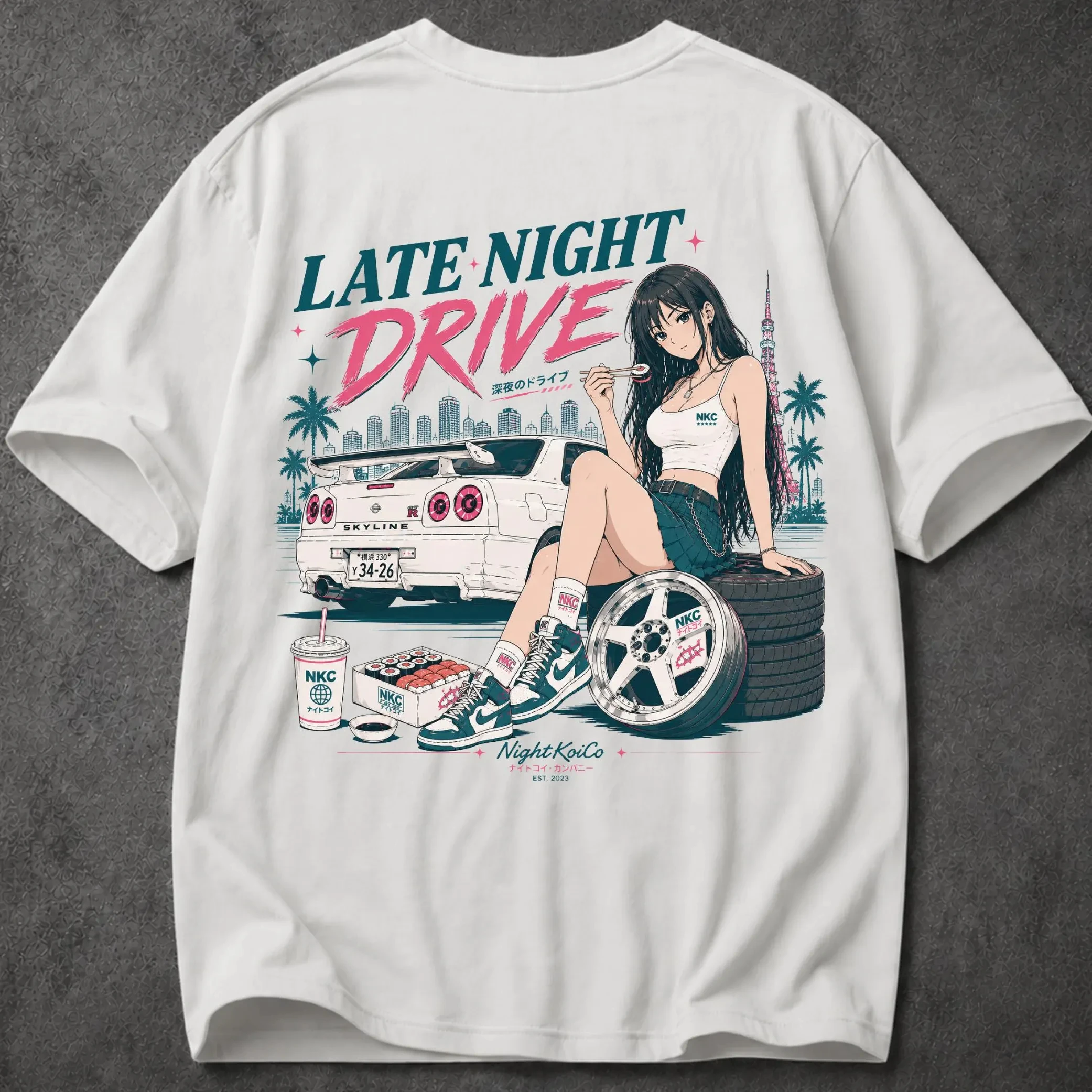 Vintage Late Night Drive Anime Girl Skyline Car Print Oversized T-Shirt JDM Unisex Streetwear Cotton Top