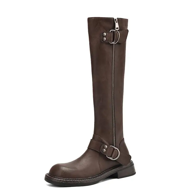 Krazing Pot Cow Split Skin Round Toe Thick Low Heels Metal Buckle Equestrian Boots Keep Warm Winter Shoes Women Thigh High Boots