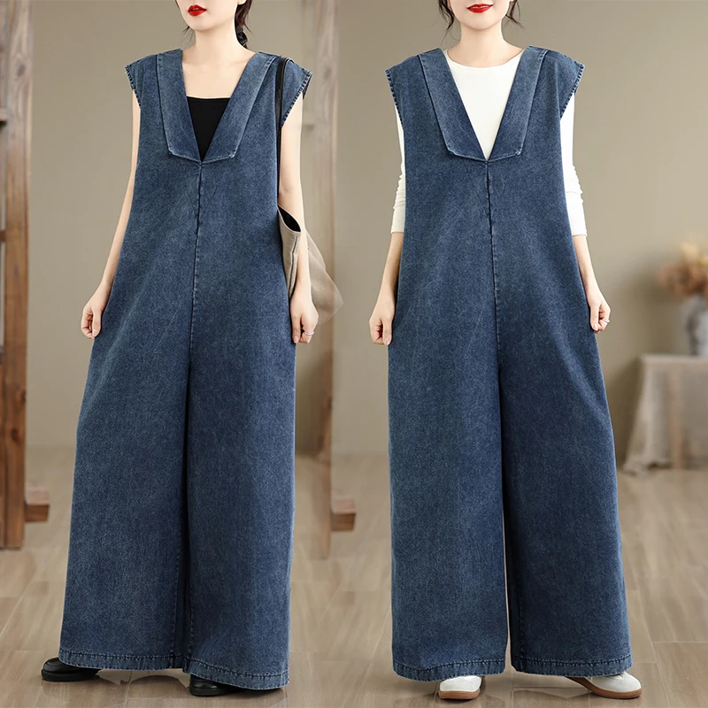 2026 Spring/Summer Autumn Extended jumpsuit pants Retro loose denim overalls Large overalls Women