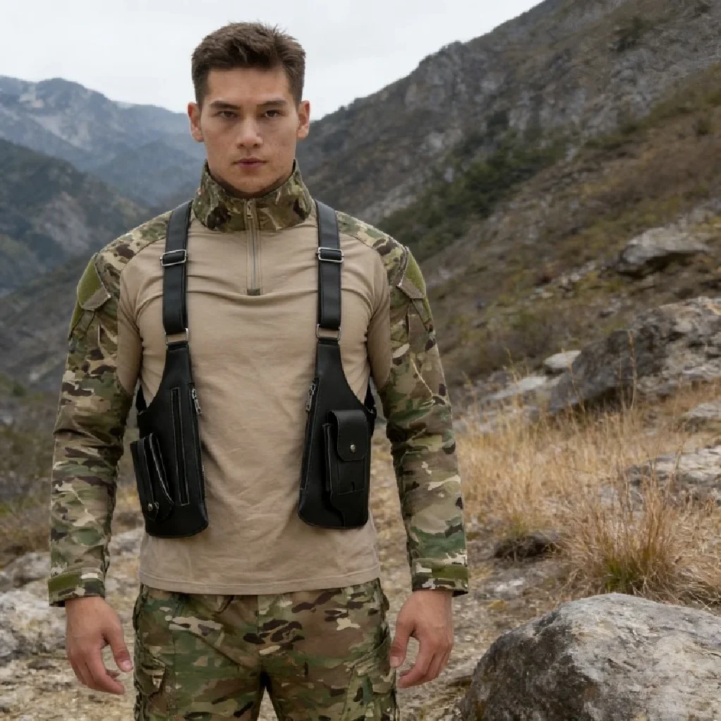 Retro Double Shoulder Strap Tactical Bag Multi Pocket Anti Theft Waterproof PU Outdoor Travel Hiking Chest Bag for Men Daily Use