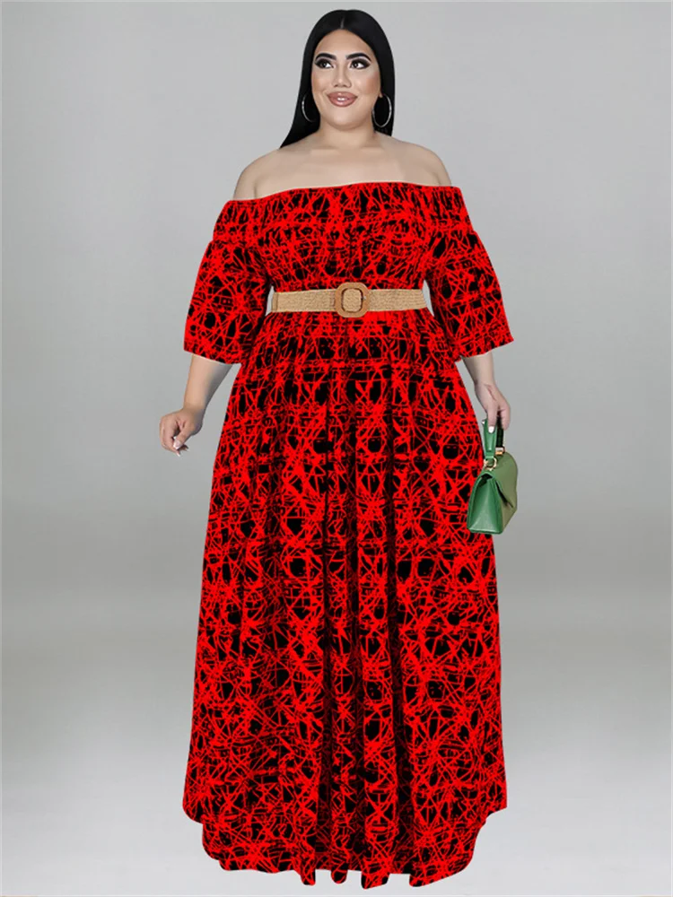 Wmstar Plus Size Dress Women 5xl Off Shoulder Flower Print Elastic Waist Party Pleated Maxi Dress Summer Wholesale Dropshipping