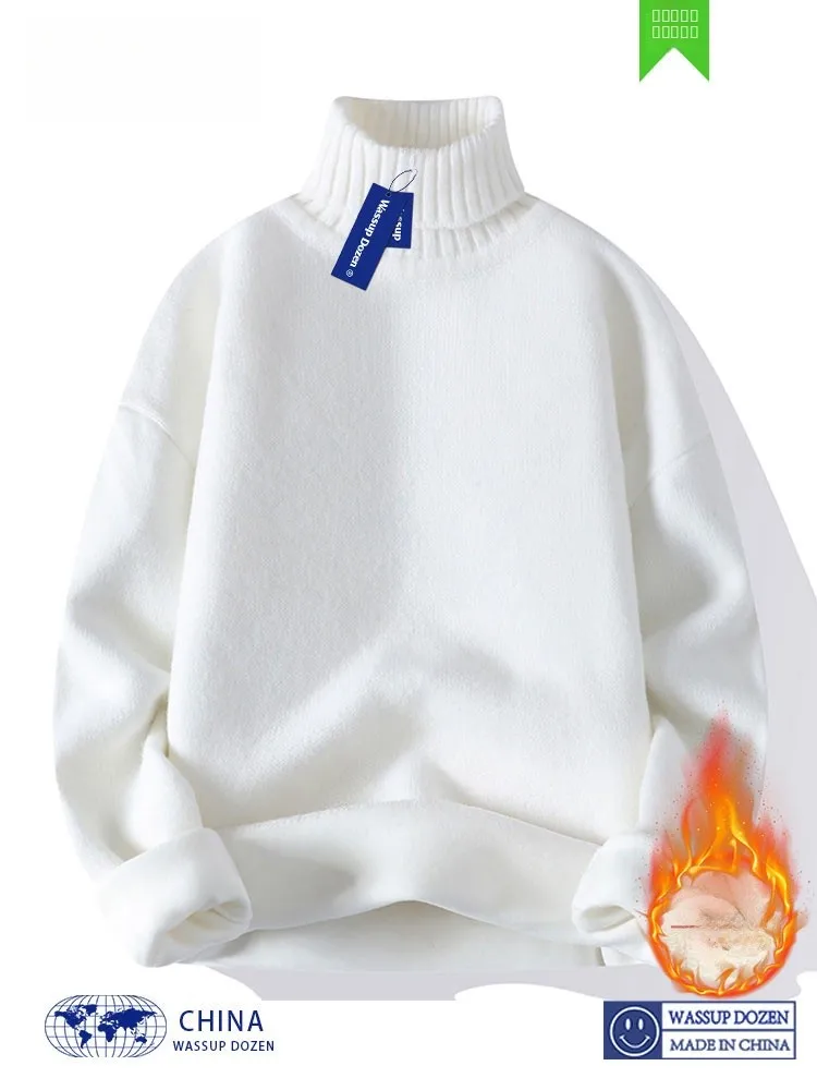 

Wassup Dozen Men's Fce-Lined Thiened High Collar Knitwear Winter Sweater Casual Loose Fit Long Sve T-irt Sle