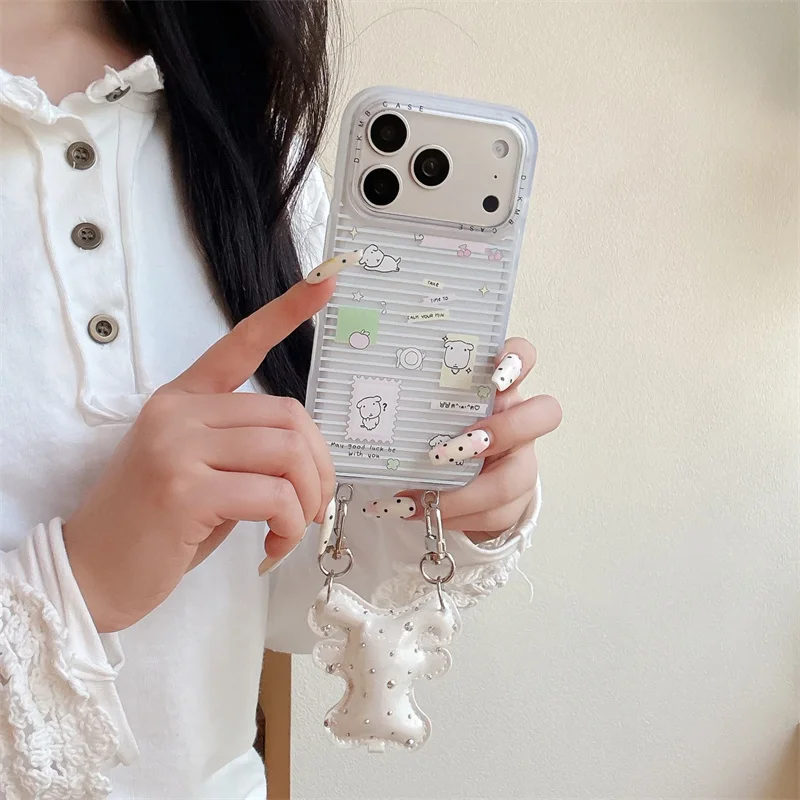 

Fashion iPhone case Cute Line Puppy Print Phone Case With Sparkly Dog Charm Strap For iPhone 15 16 17 Shockproof Clear Protectiv