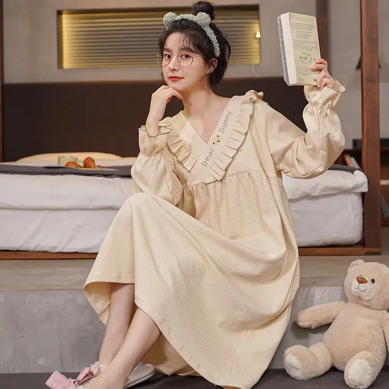 

V-neck Pajamas Women Spring Autumn Large Size Long-sleeved Nightgown Long Student Korean Cute Loose Home Clothes Hot Gifts Basic
