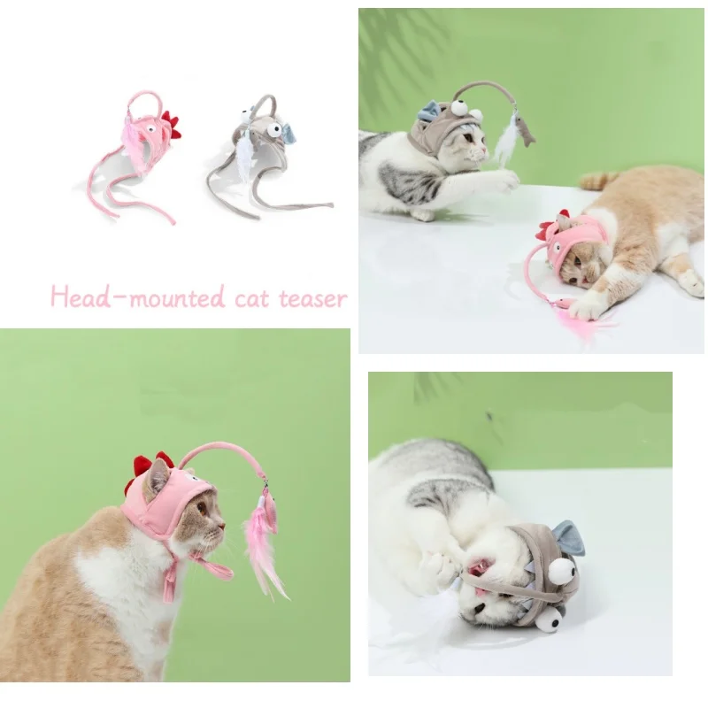 2023 New Head-mounted Feather Teaser Cat Stick Creative Small Dinosaur Cat Head Cover Fun Cat Toys Wholesale