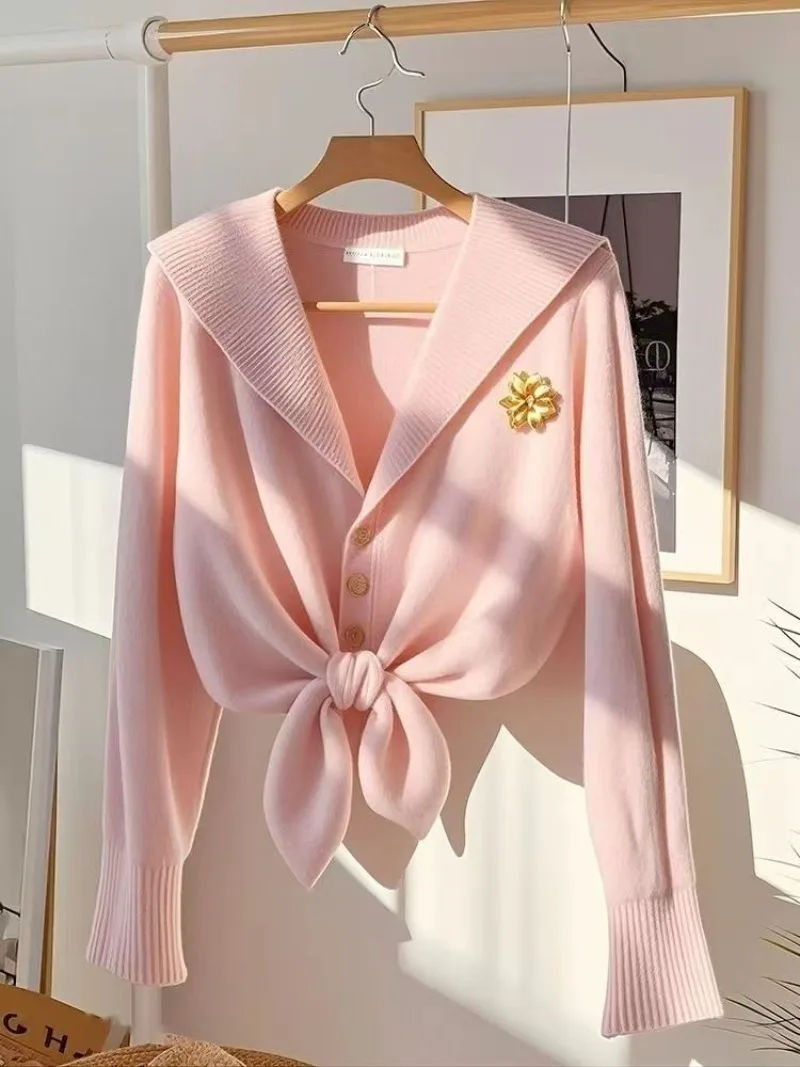 

Pink Sweater Spring Autumn Sailor Collar Knitted Sweater Cardigan Women Long Sleeve Short Slim Office Lady Versatile Korean Tops