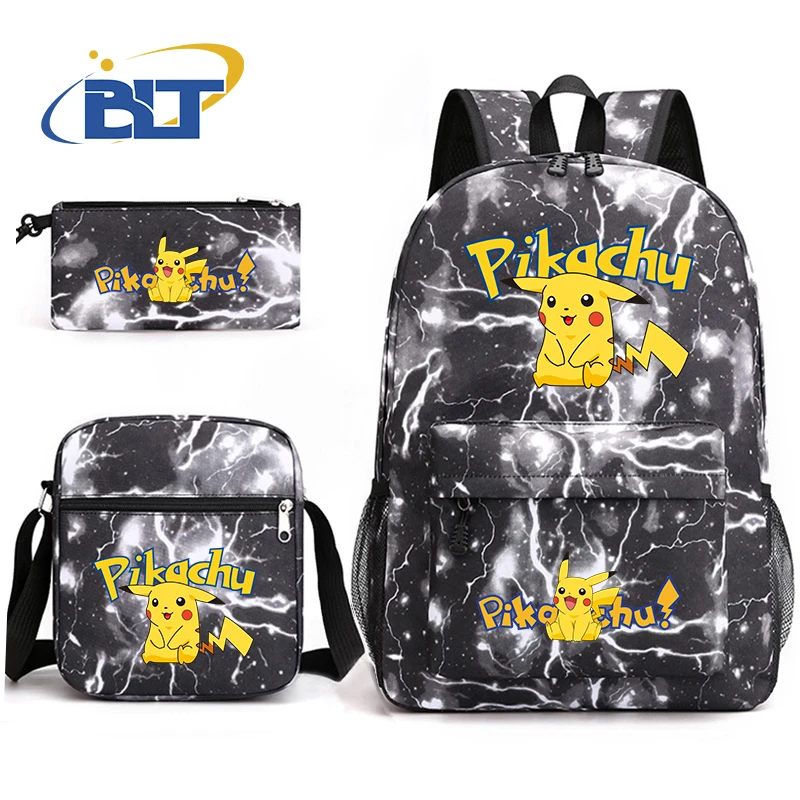 MINISO Pikachu print student school bag set youth backpack shoulder bag pencil case 3-piece set suitable for kids