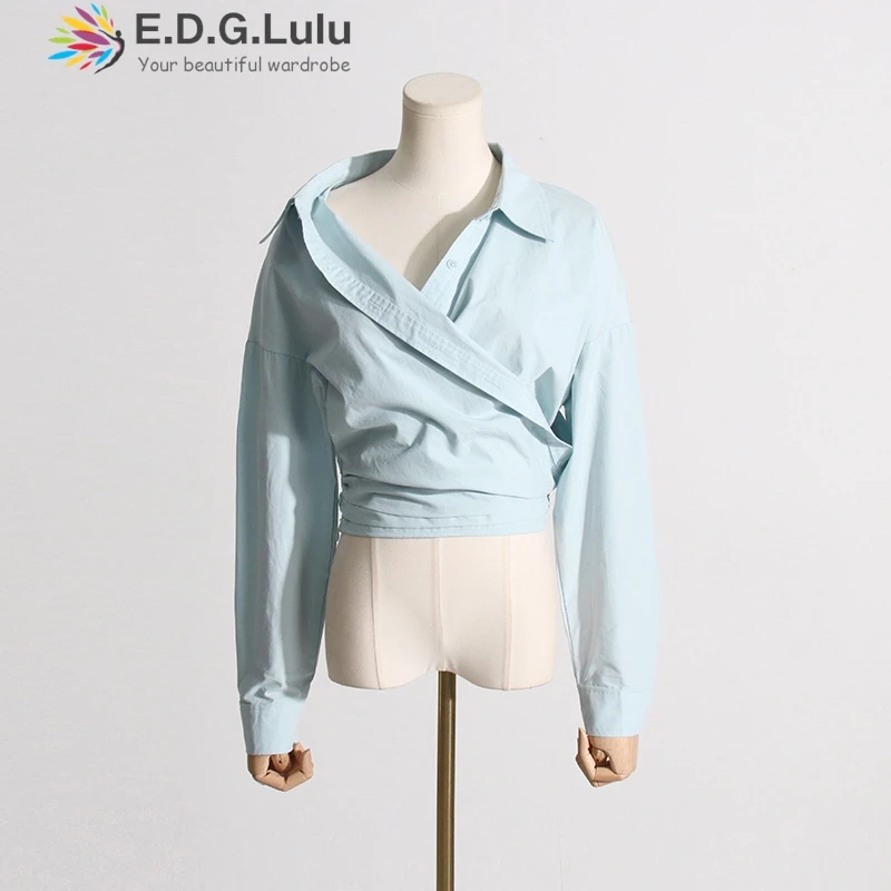 EDGLuLu Women's Autumn Korean Design Turn-Down Collar Irregular Blouse Long Sleeved Leisure Street Shirts Female Blouses Top1219