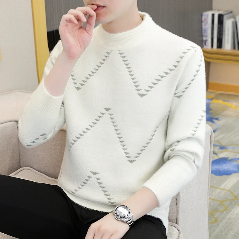 GIOIO men's sweater, half-high collar geometric pattern sweater, autumn and winter casual bottoming sweater