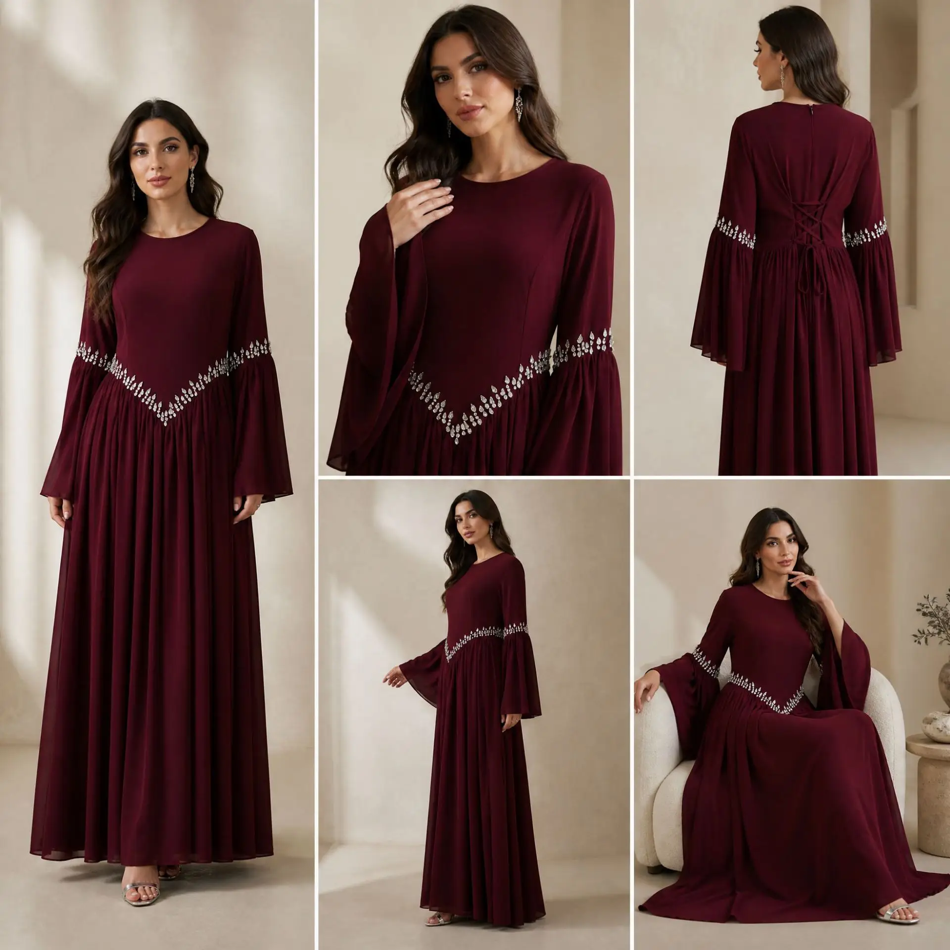New Diamonds Abaya Woman Dubai Pleated Long Dress Turkey Kaftan Jalabiya Caftan Femme Marocaine Robe Gown Islam Clothing Abayas