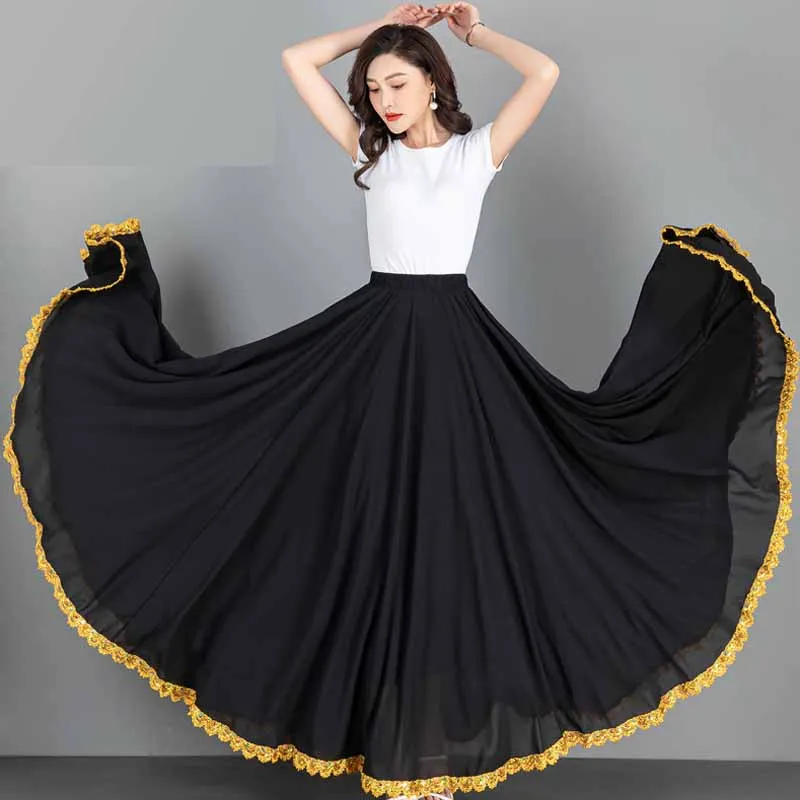 ขอบลูกไม้ Retro ชาติพันธุ์ Xinjiang Dancewear 720 องศาขนาดใหญ่ Swing เอวสูงกระโปรงเต้นรํา Flamenco STAGE Performance กระโปรง