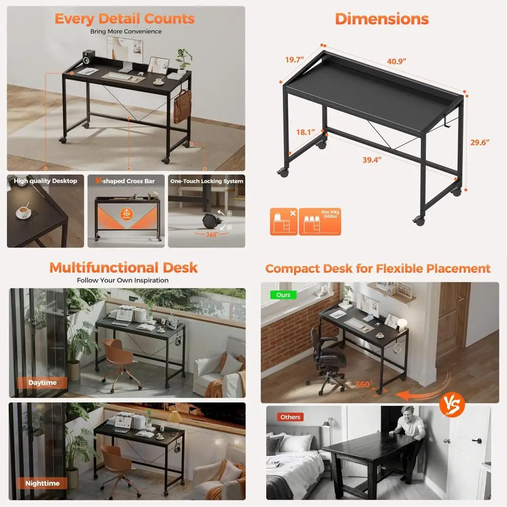 مكتب ألعاب مدمج بعجلات، 40 مكتبًا منزليًا حديثًا للمساحات الصغيرة، طاولة دراسة سوداء أنيقة