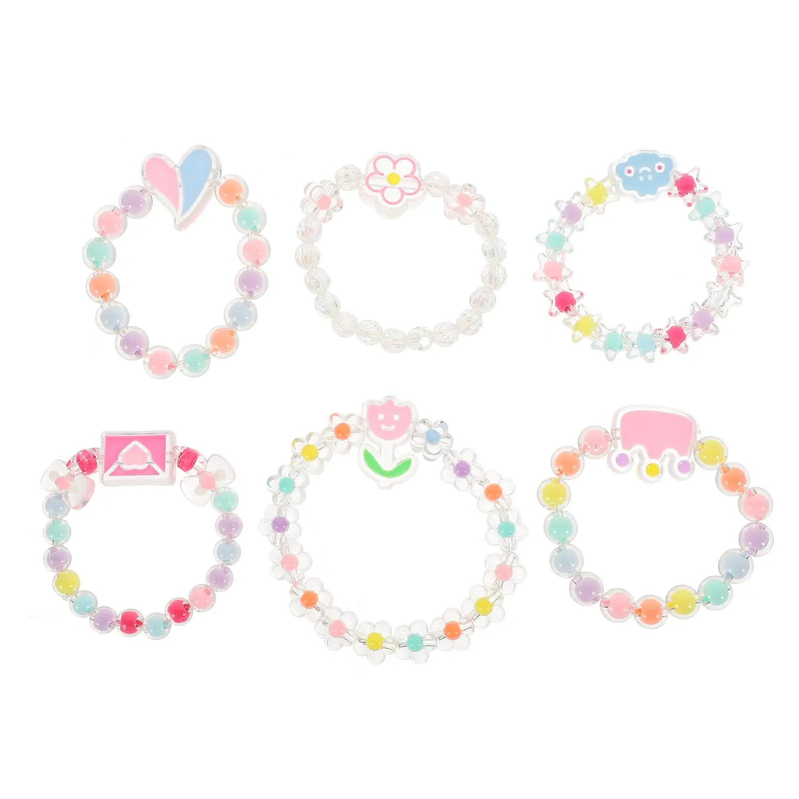 6 Pcs Kids Beaded Bracelets Children Hand Chain Cartoon Elastic Plastic Baby Girl Jewelry Toddler Wristbands Rabbit Ice Cream