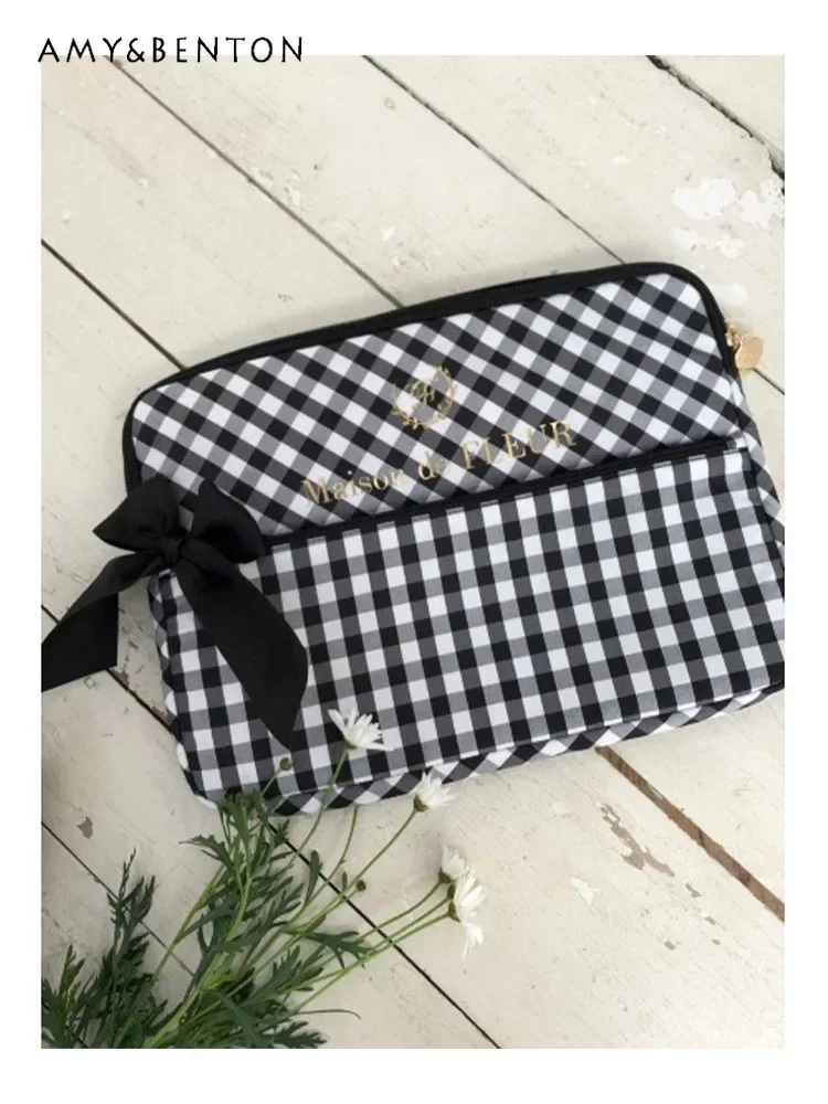 

Japanese Black and White Plaid Bow Quilted Shockproof Computer Handbags All Match Office Lady Bags for Women Sweet Cute Bag