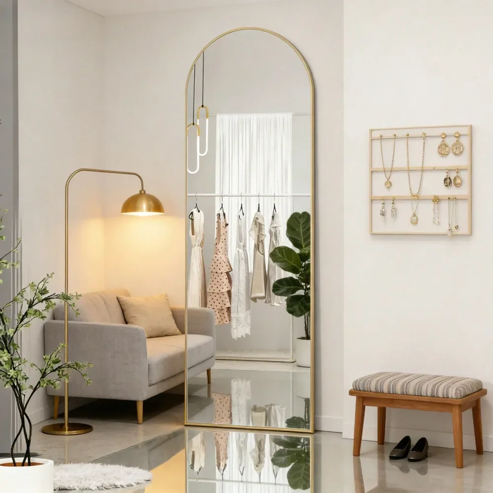 

X16 HighQuality Arched Full Length Mirror, Aluminum Alloy Frame Ensures Stability, Standing Design For Bedroom, Gold