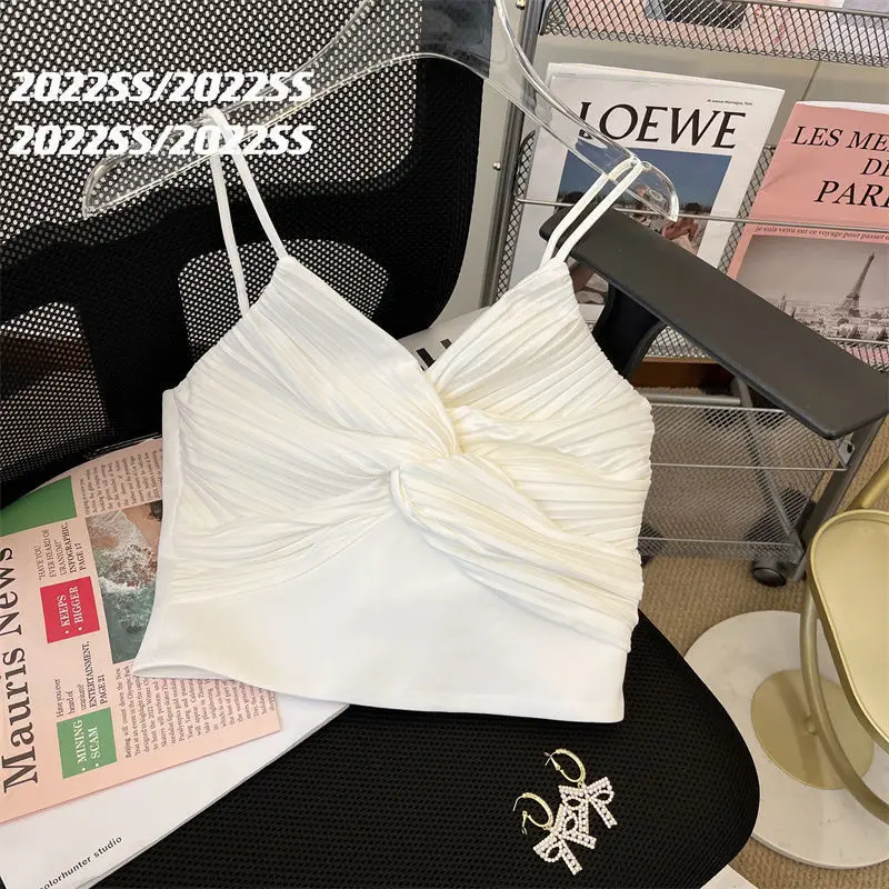 Conjunto de Top corto plisado blanco para mujer, ropa elegante de lujo de cintura alta, 2 piezas, 2024