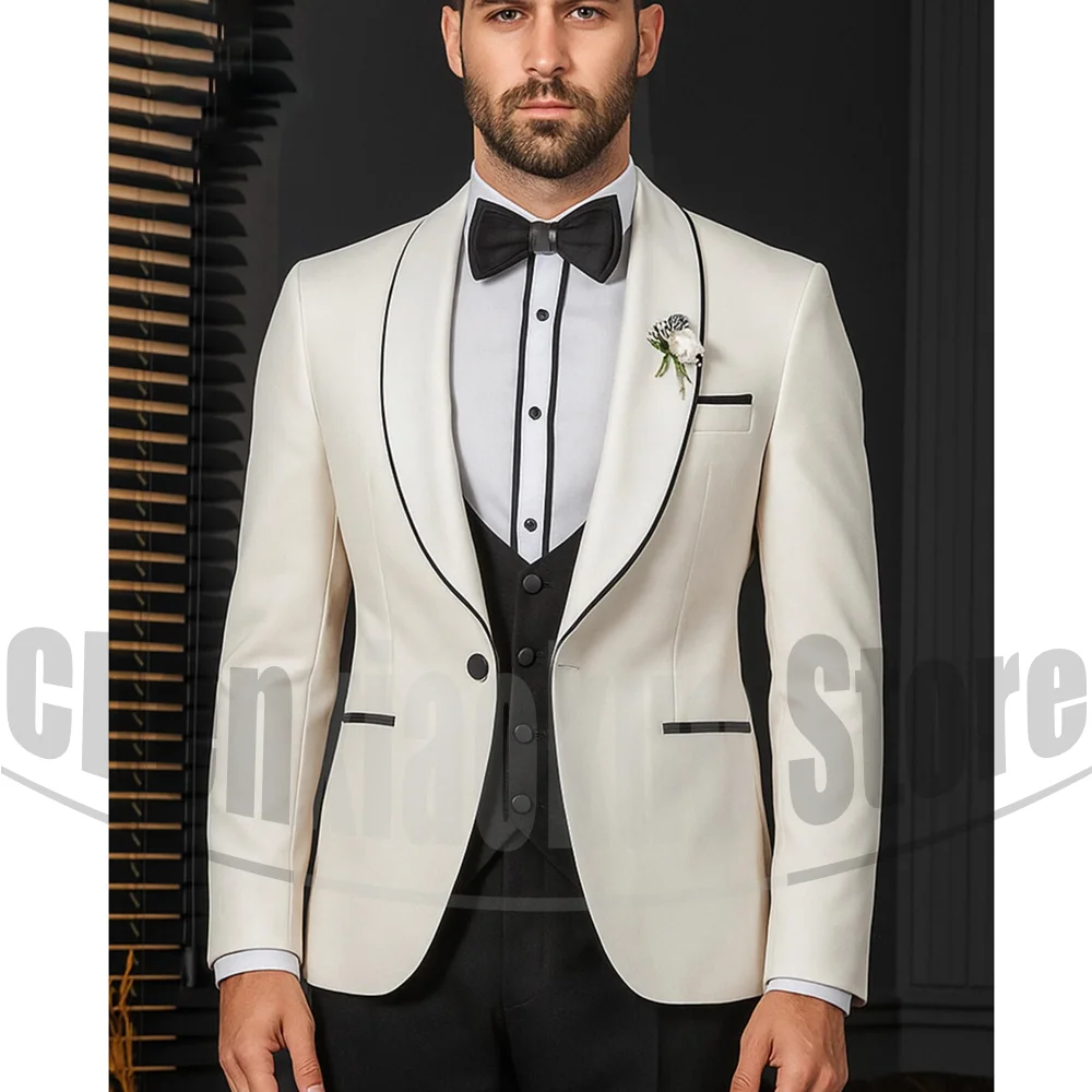 

Elegant Men Suits 3 Pieces Fashion Shawl Lapel One Button Tuxedos Boutique Party Groom Wedding Dress (Blazer+Vest+Pants)