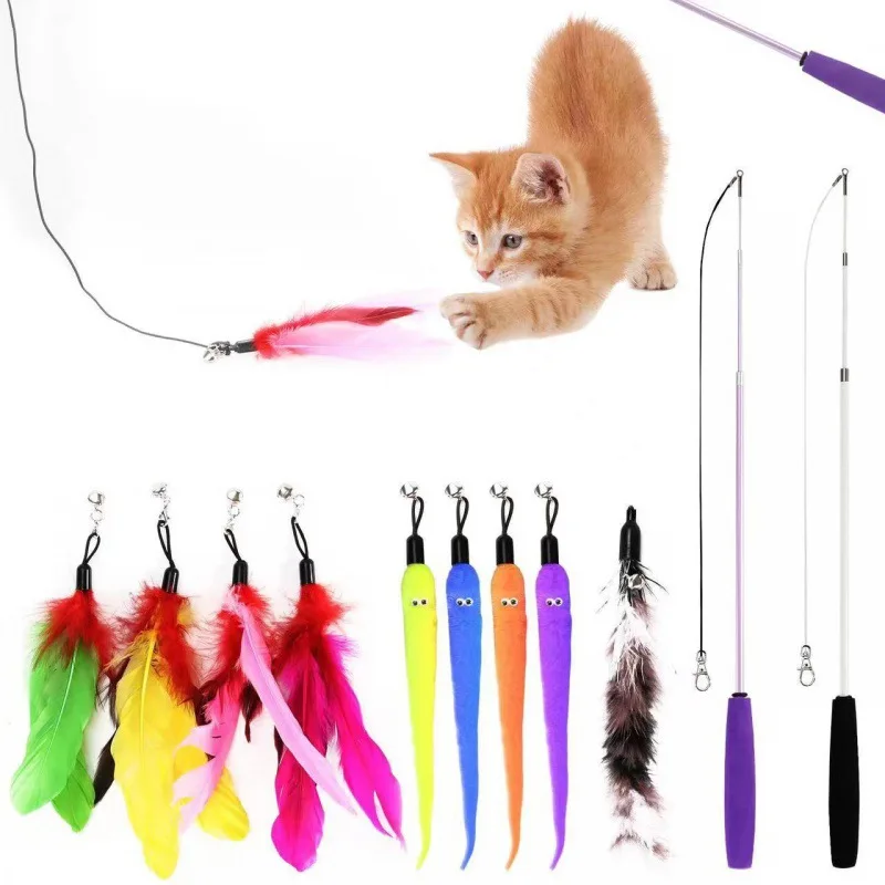 

Cat toys Cat teaser stick plush toy Feather replaceable head extendable self amusement pet cat toy suit