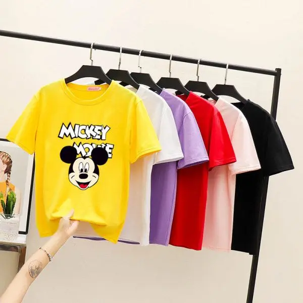 Mickey Mouse Short sleeved T-shirt Women's 2024 Summer New Korean Edition Student Loose Versatile Yellow Instagram Top Bottom